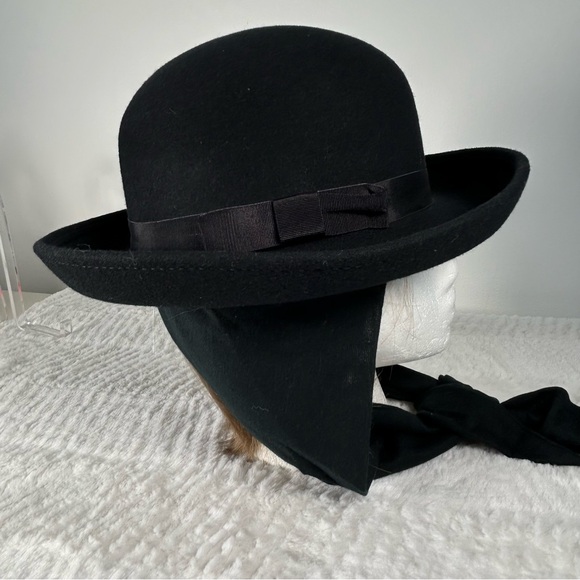 Vintage Wool Felt Black Bowler Hat With Ties NWOT - Picture 5 of 7